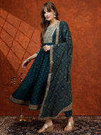 Embroidered Anarkali Kurta With Pant & Bandhni Printed Dupatta, Floral; Teal - Hiral Fashion - Distacart