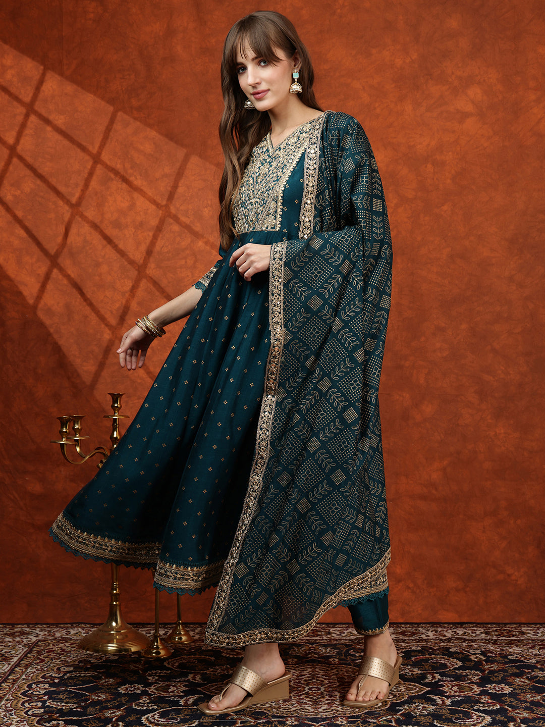 Embroidered Anarkali Kurta With Pant & Bandhni Printed Dupatta, Floral; Teal - Hiral Fashion - Distacart
