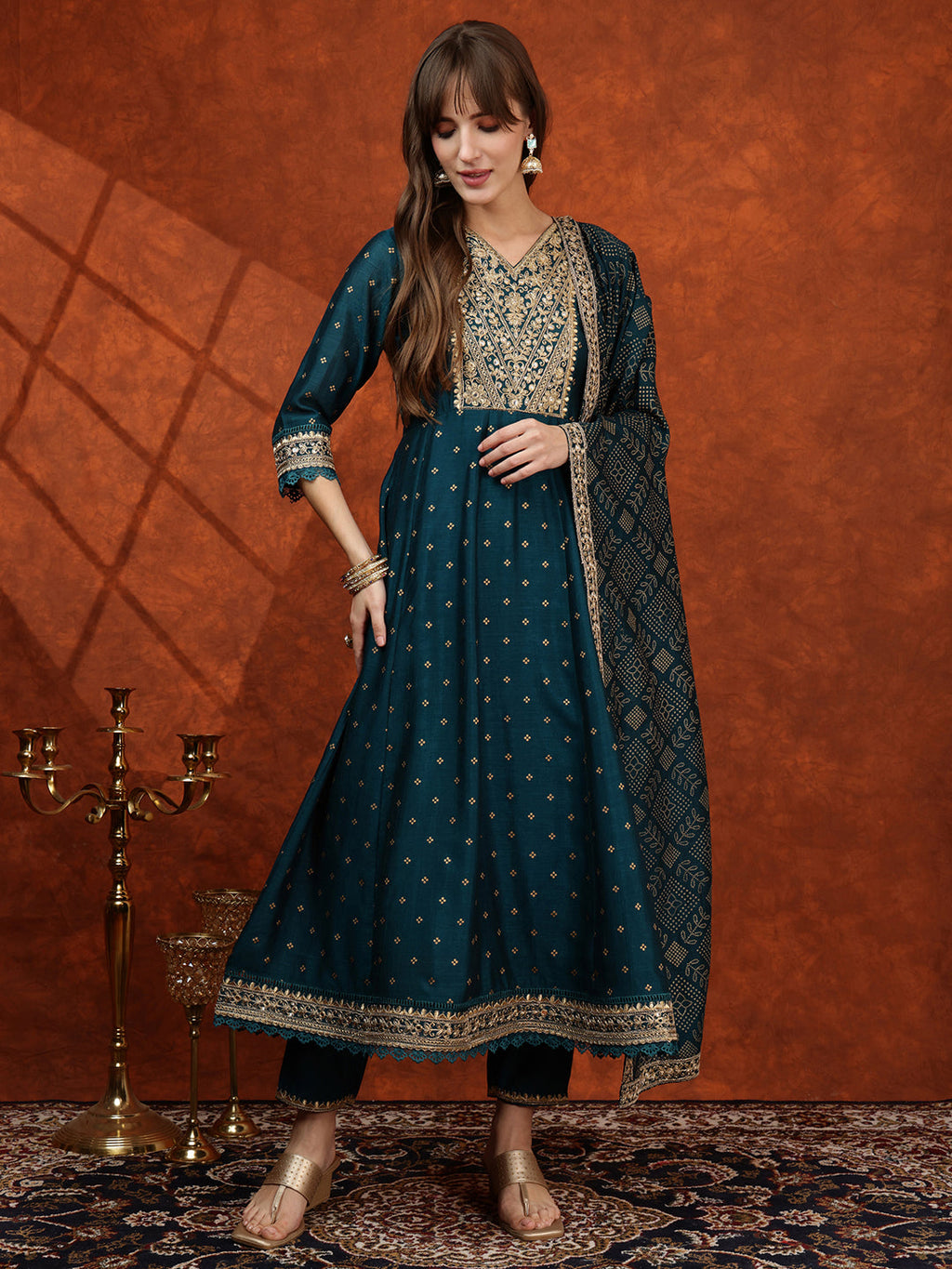 Embroidered Anarkali Kurta With Pant & Bandhni Printed Dupatta, Floral; Teal - Hiral Fashion - Distacart