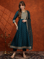 Embroidered Anarkali Kurta With Pant & Bandhni Printed Dupatta, Floral; Teal - Hiral Fashion - Distacart