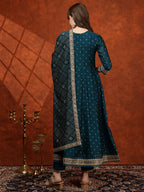 Embroidered Anarkali Kurta With Pant & Bandhni Printed Dupatta, Floral; Teal - Hiral Fashion - Distacart
