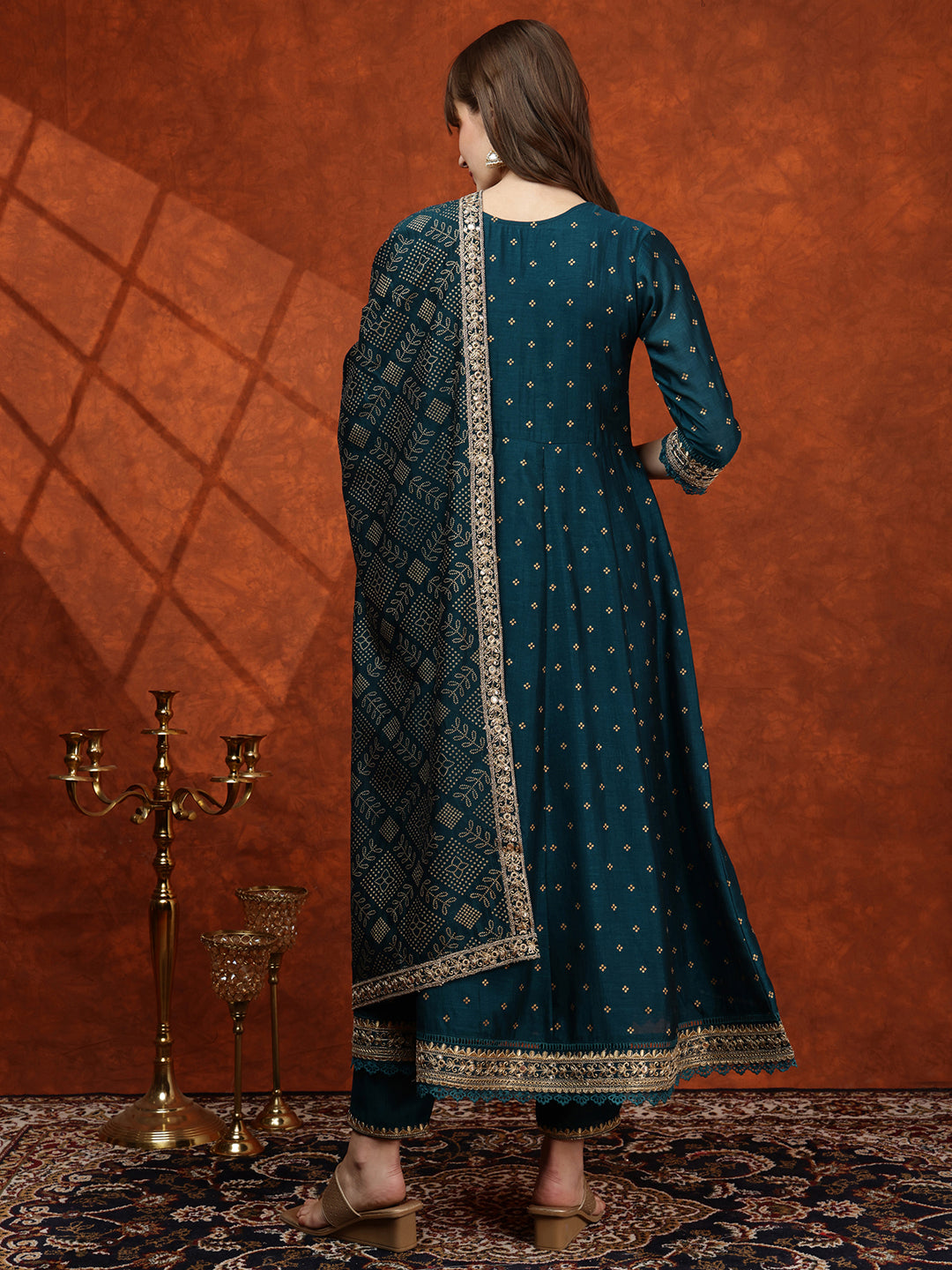 Embroidered Anarkali Kurta With Pant & Bandhni Printed Dupatta, Floral; Teal - Hiral Fashion - Distacart