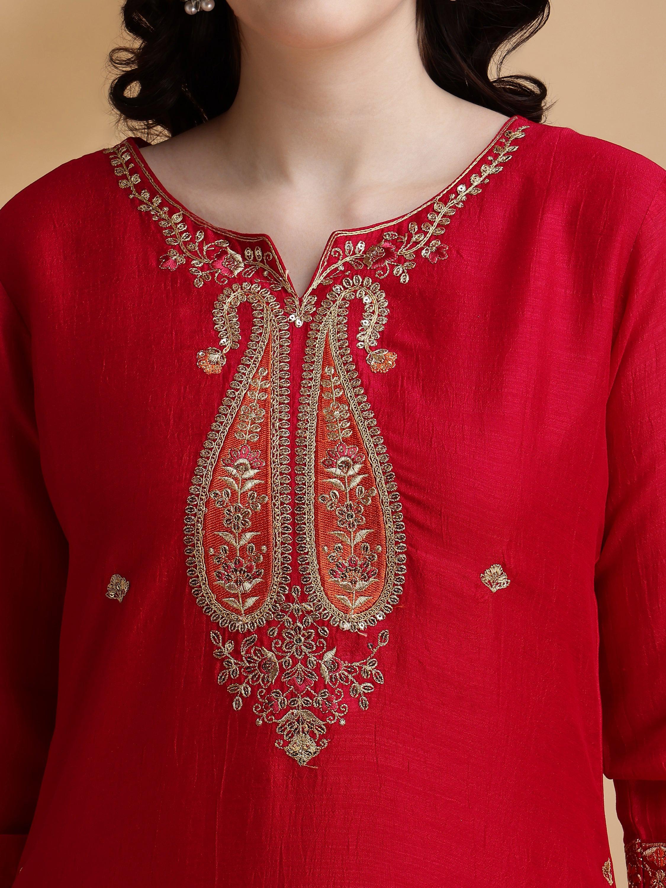 Embroidered Kurta With Pant & Embroidered Dupatta, Pink - Hiral Fashion - Distacart