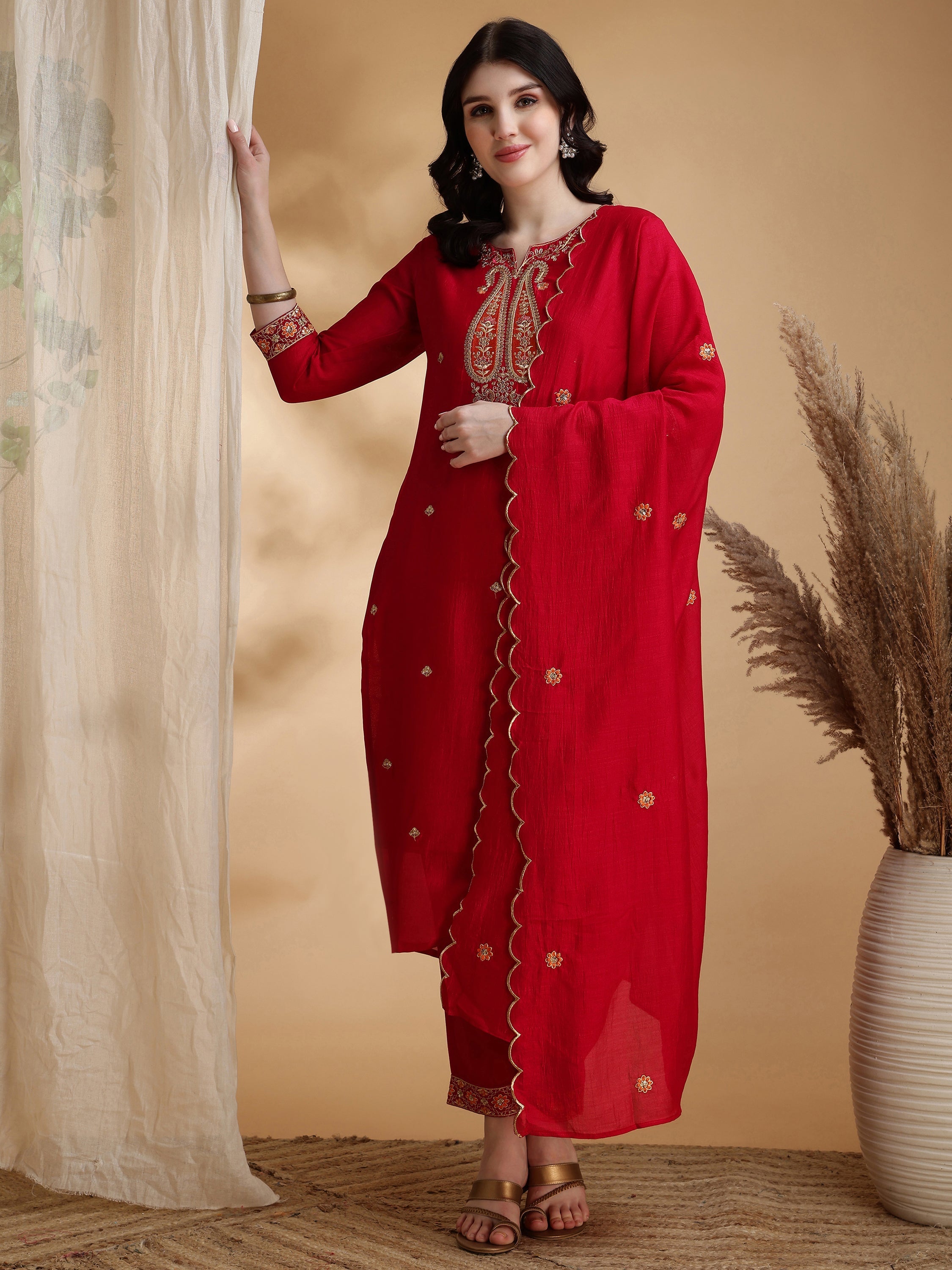 Embroidered Kurta With Pant & Embroidered Dupatta, Pink - Hiral Fashion - Distacart