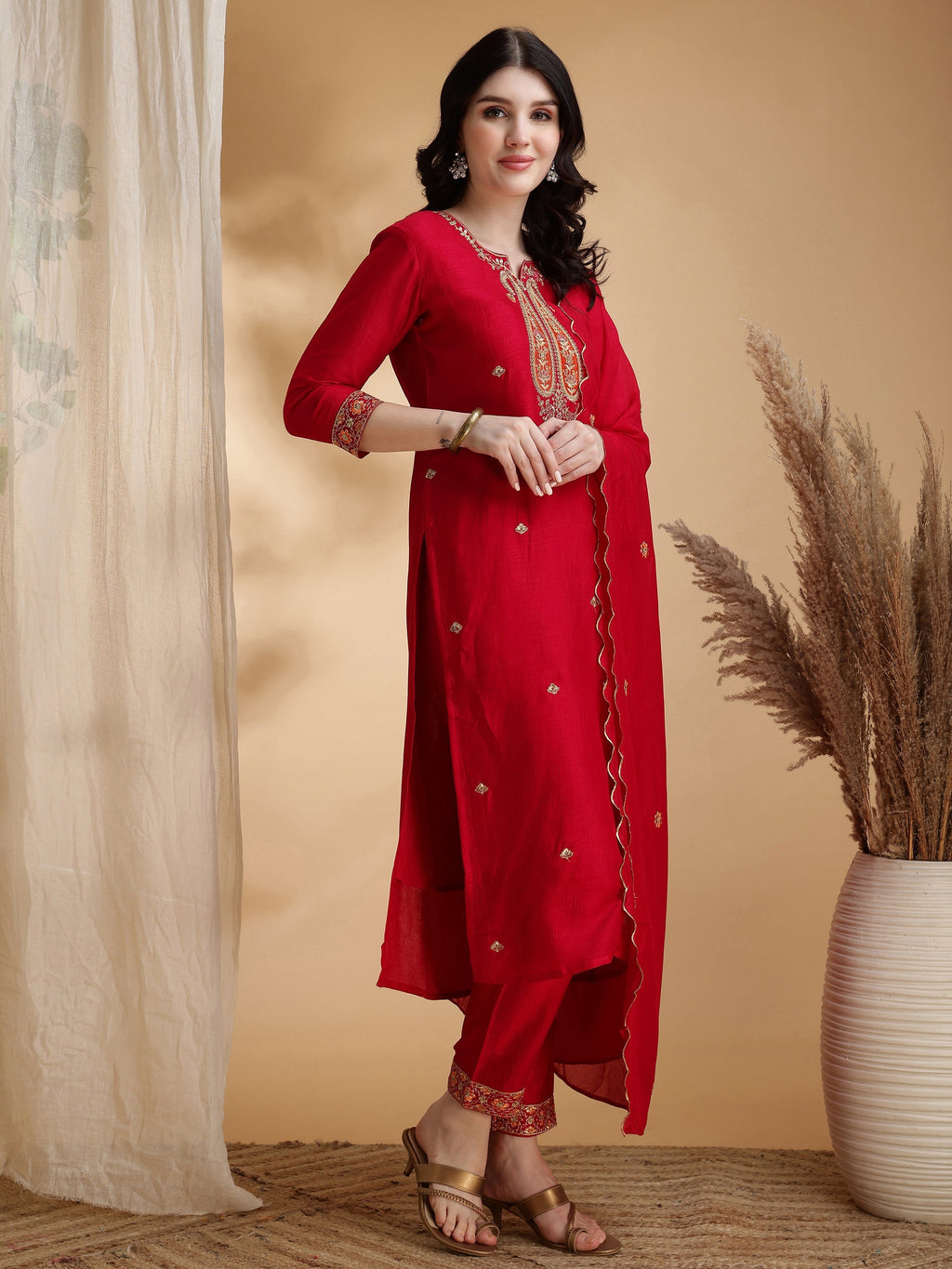 Embroidered Kurta With Pant & Embroidered Dupatta, Pink - Hiral Fashion - Distacart