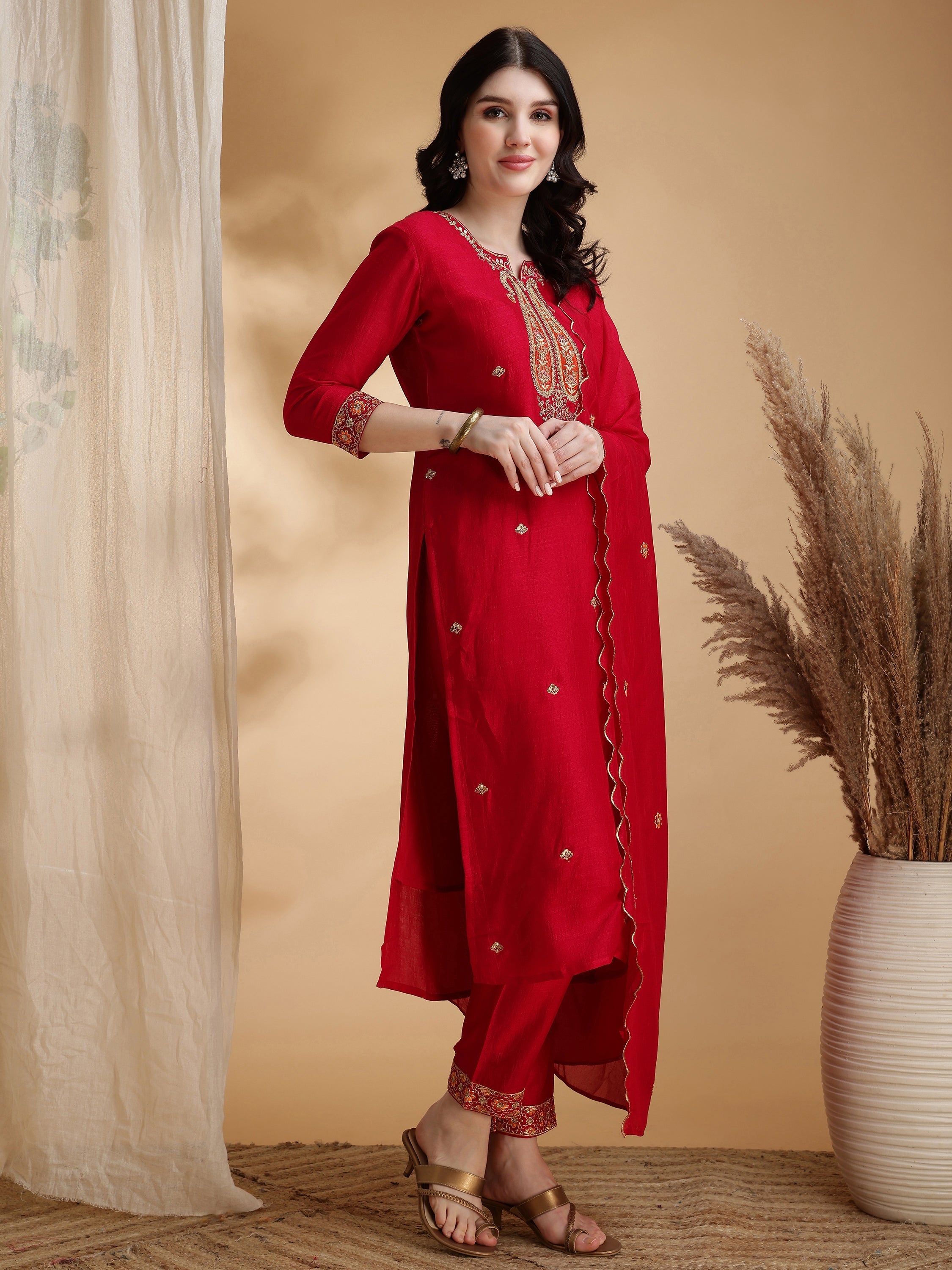 Embroidered Kurta With Pant & Embroidered Dupatta, Pink - Hiral Fashion - Distacart