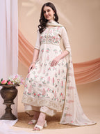 Floral Embroidered Anarkali Kurta With Pant & Embroidered Dupatta, Cream - Hiral Fashion - Distacart