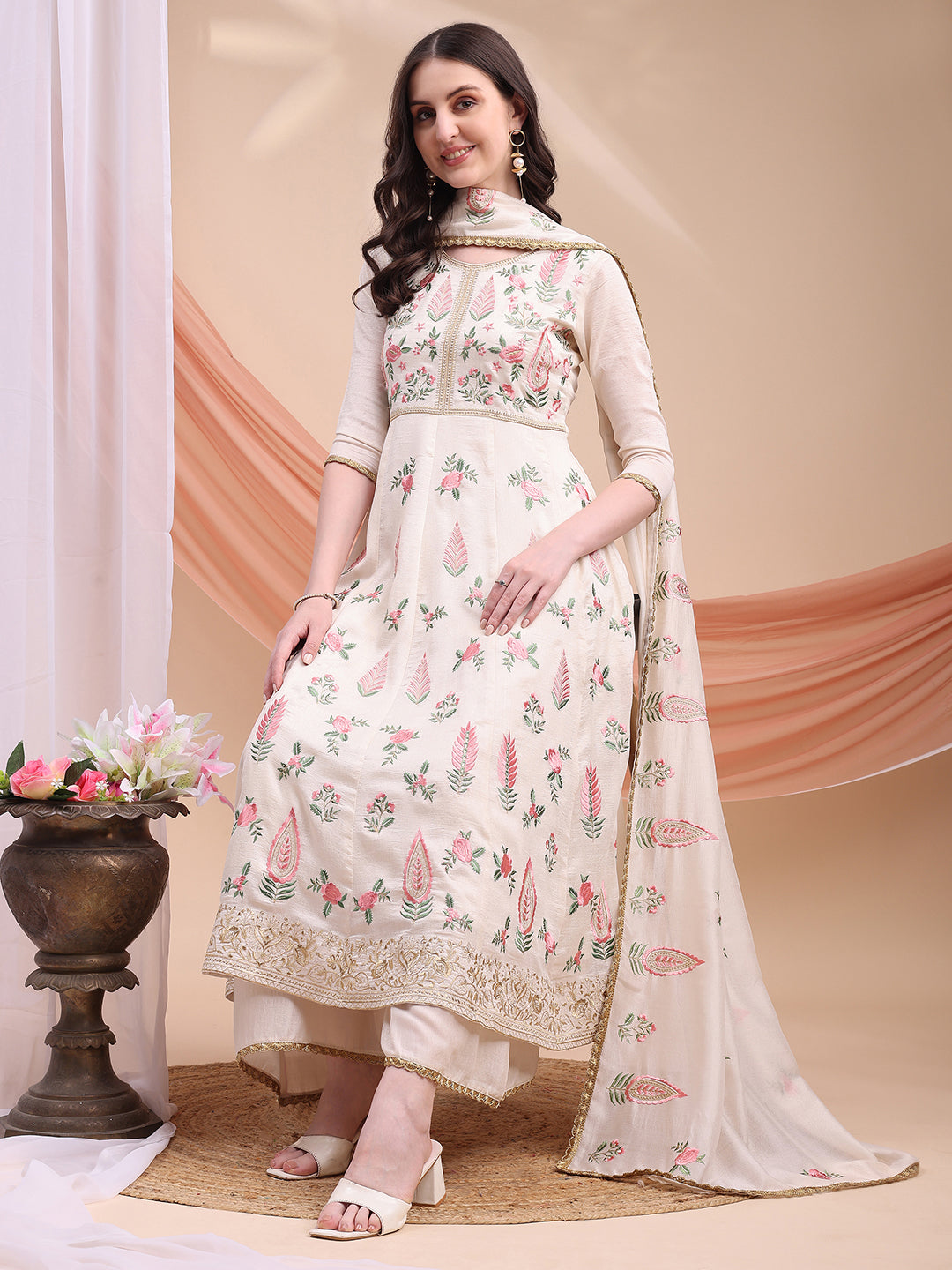 Floral Embroidered Anarkali Kurta With Pant & Embroidered Dupatta, Cream - Hiral Fashion - Distacart
