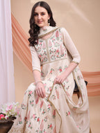 Floral Embroidered Anarkali Kurta With Pant & Embroidered Dupatta, Cream - Hiral Fashion - Distacart