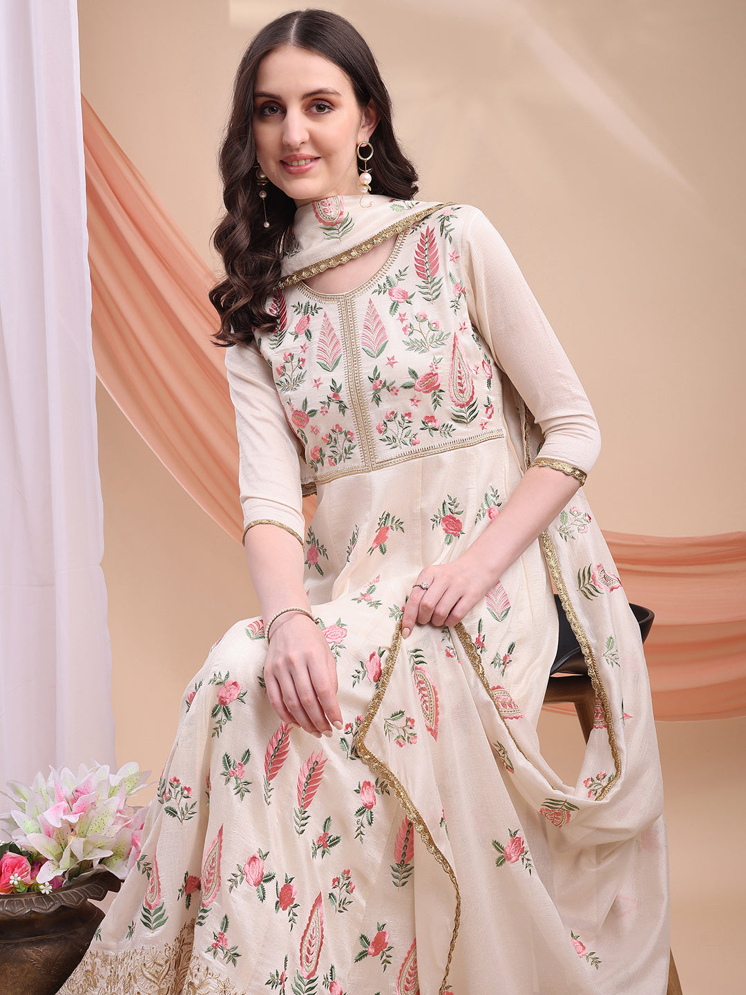 Floral Embroidered Anarkali Kurta With Pant & Embroidered Dupatta, Cream - Hiral Fashion - Distacart