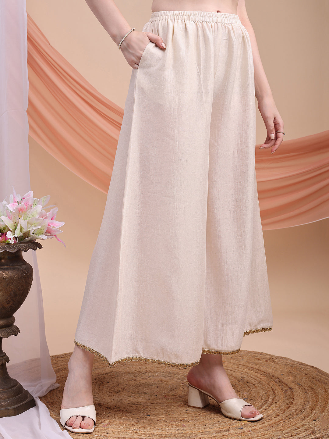 Floral Embroidered Anarkali Kurta With Pant & Embroidered Dupatta, Cream - Hiral Fashion - Distacart