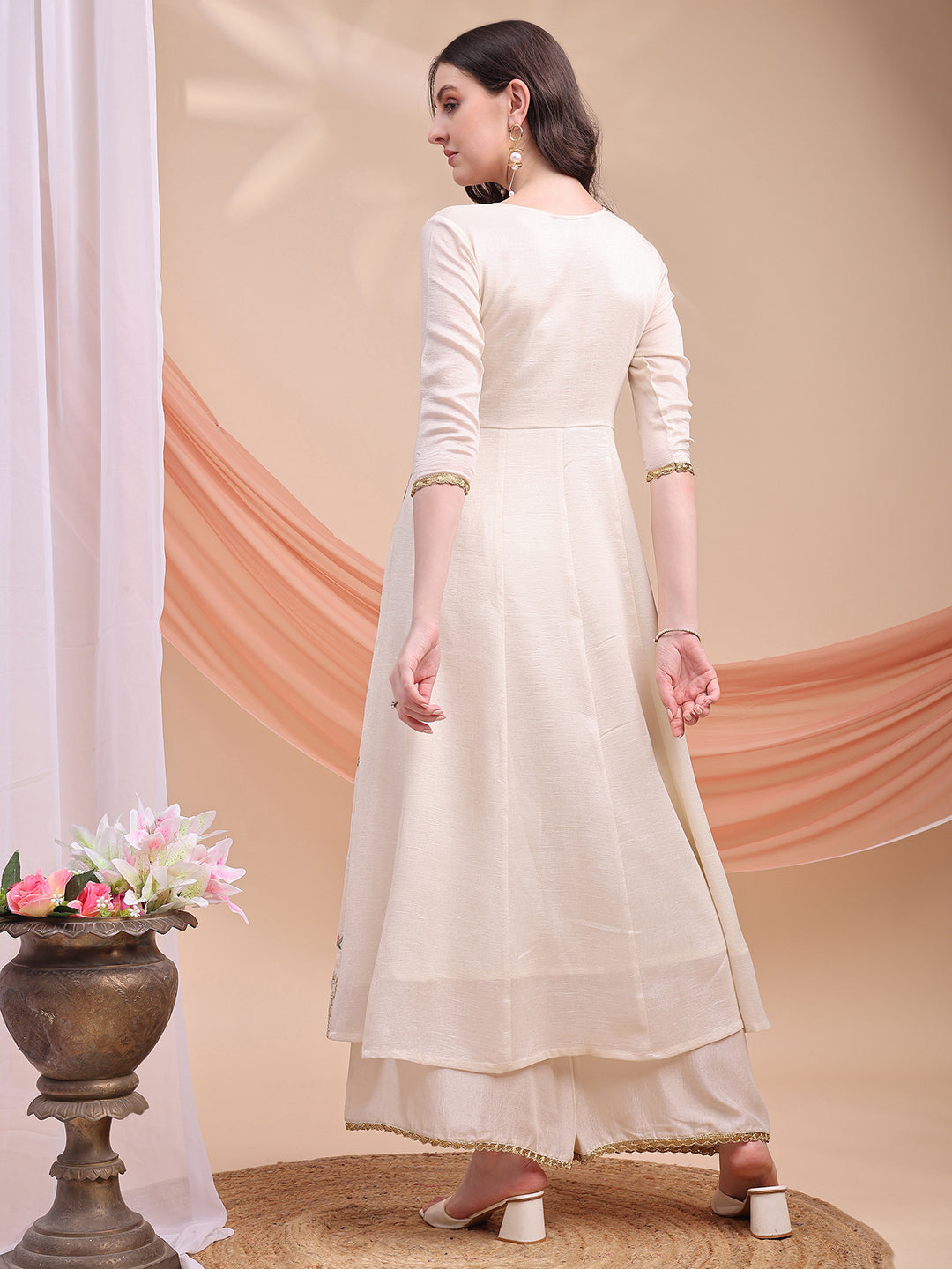 Floral Embroidered Anarkali Kurta With Pant & Embroidered Dupatta, Cream - Hiral Fashion - Distacart