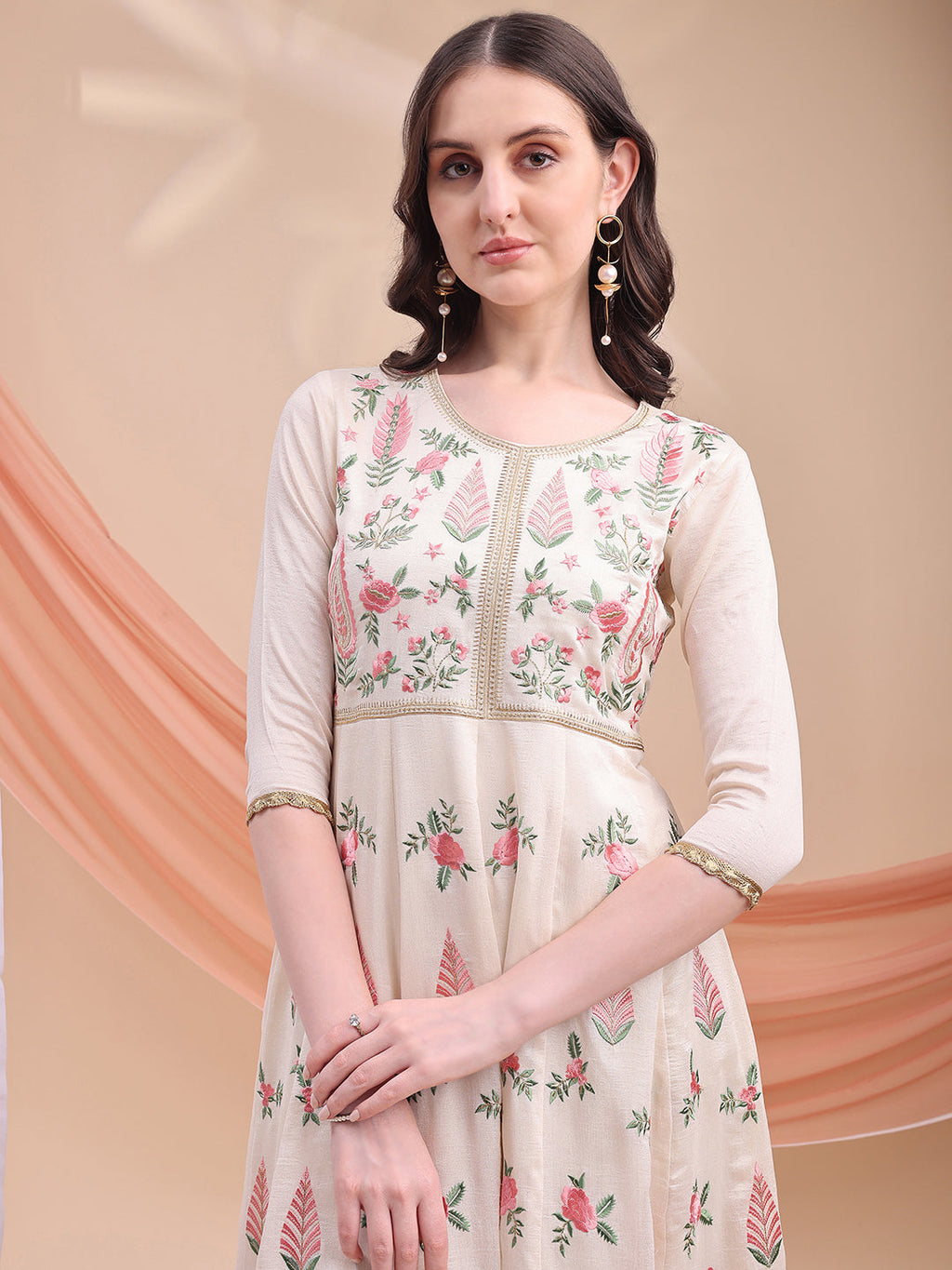 Floral Embroidered Anarkali Kurta With Pant & Embroidered Dupatta, Cream - Hiral Fashion - Distacart
