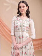 Floral Embroidered Anarkali Kurta With Pant & Embroidered Dupatta, Cream - Hiral Fashion - Distacart