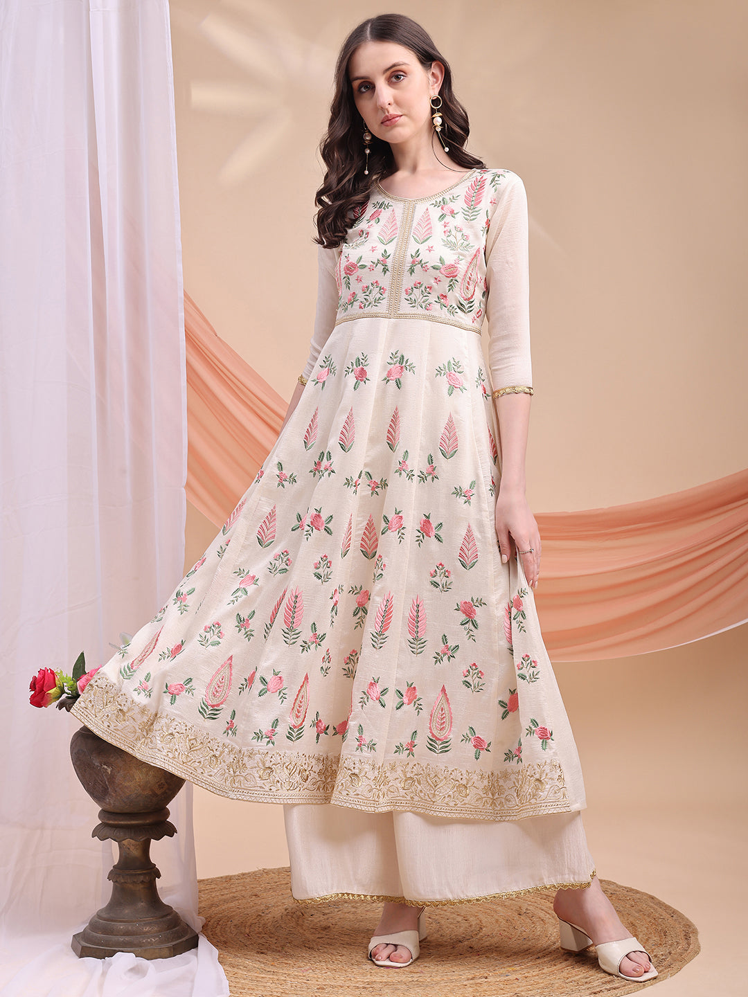 Floral Embroidered Anarkali Kurta With Pant & Embroidered Dupatta, Cream - Hiral Fashion - Distacart