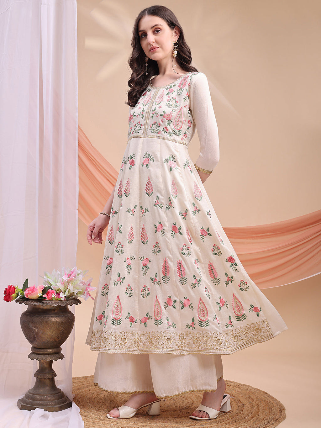 Floral Embroidered Anarkali Kurta With Pant & Embroidered Dupatta, Cream - Hiral Fashion - Distacart