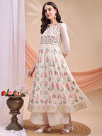 Floral Embroidered Anarkali Kurta With Pant & Embroidered Dupatta, Cream - Hiral Fashion - Distacart