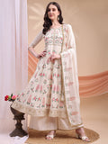 Floral Embroidered Anarkali Kurta With Pant & Embroidered Dupatta, Cream - Hiral Fashion - Distacart