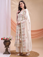 Floral Embroidered Anarkali Kurta With Pant & Embroidered Dupatta, Cream - Hiral Fashion - Distacart