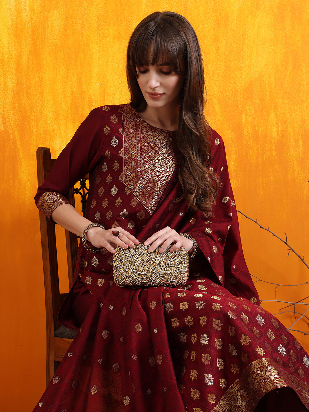 Banarasi Jacquard Kurta With Pant & Banarasi Jacquard Dupatta, Maroon - Hiral Fashion