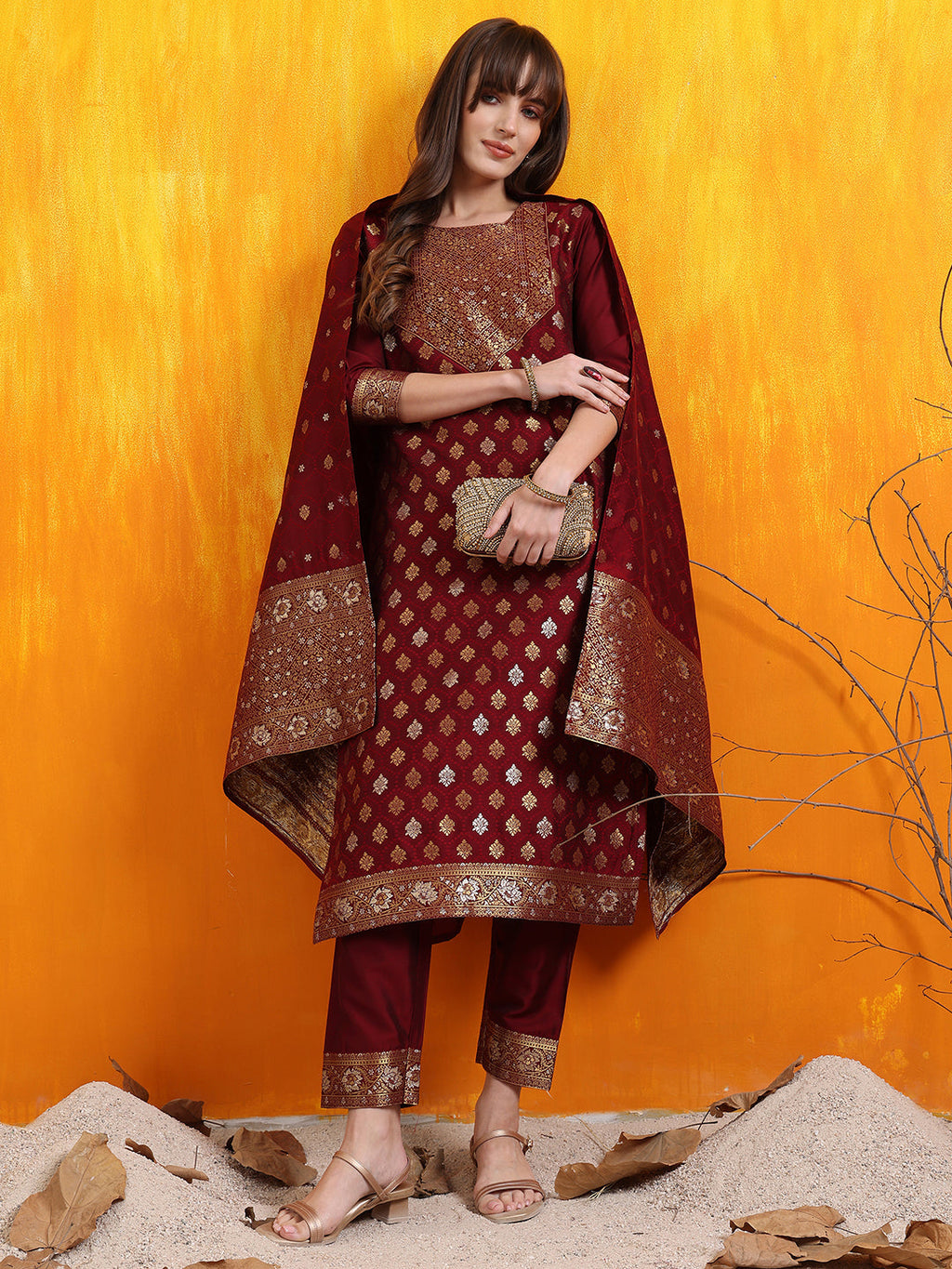 Banarasi Jacquard Kurta With Pant & Banarasi Jacquard Dupatta, Maroon - Hiral Fashion
