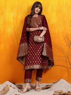 Banarasi Jacquard Kurta With Pant & Banarasi Jacquard Dupatta, Maroon - Hiral Fashion