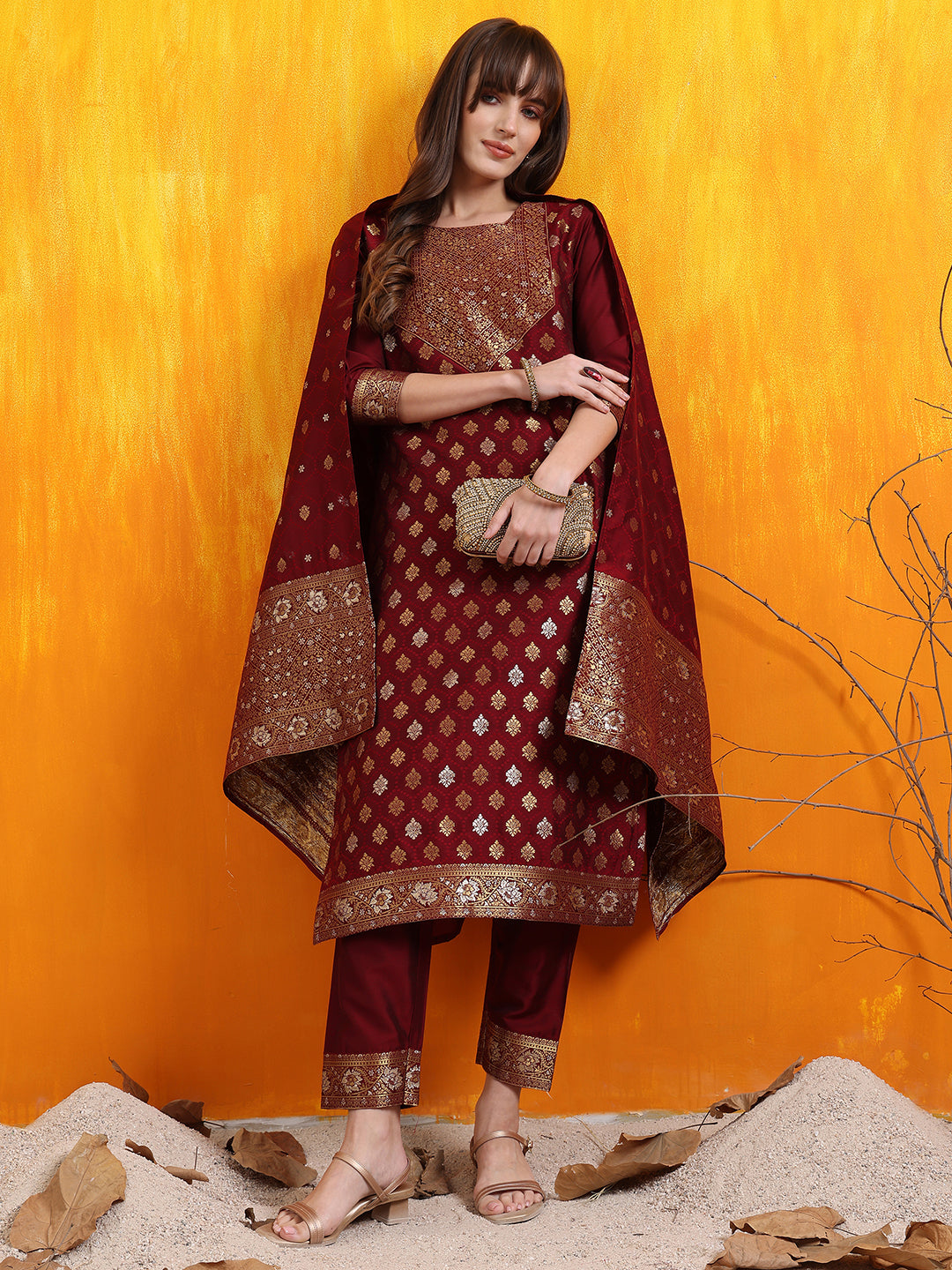 Banarasi Jacquard Kurta With Pant & Banarasi Jacquard Dupatta, Maroon - Hiral Fashion