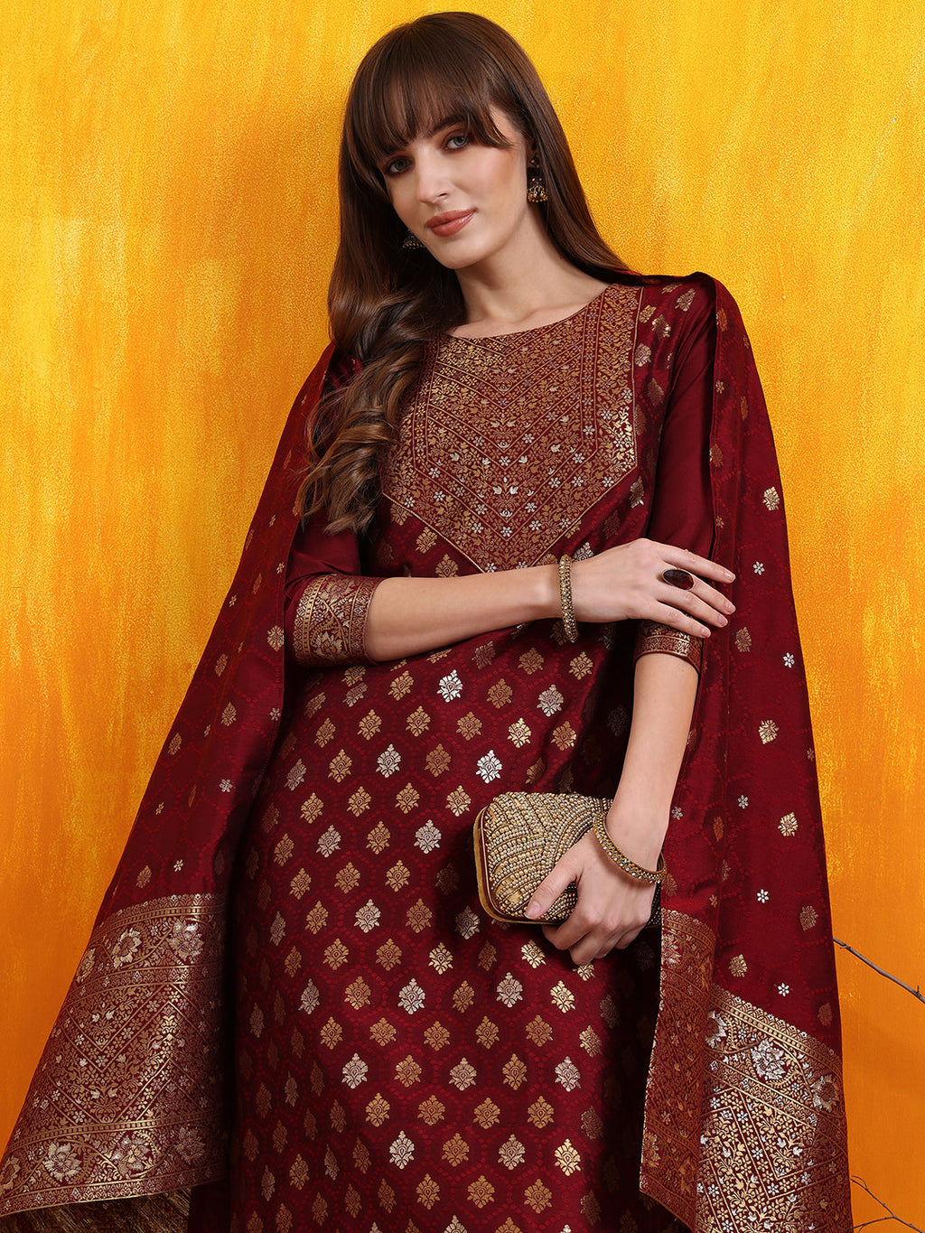 Banarasi Jacquard Kurta With Pant & Banarasi Jacquard Dupatta, Maroon - Hiral Fashion