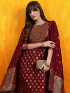 Banarasi Jacquard Kurta With Pant & Banarasi Jacquard Dupatta, Maroon - Hiral Fashion