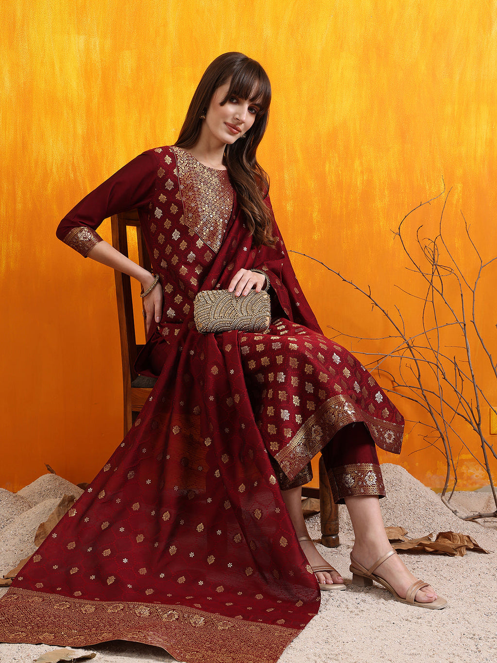 Banarasi Jacquard Kurta With Pant & Banarasi Jacquard Dupatta, Maroon - Hiral Fashion
