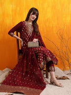 Banarasi Jacquard Kurta With Pant & Banarasi Jacquard Dupatta, Maroon - Hiral Fashion