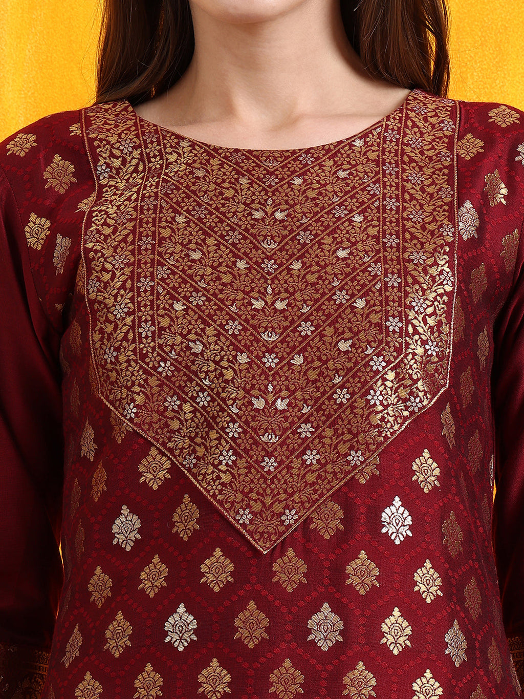 Banarasi Jacquard Kurta With Pant & Banarasi Jacquard Dupatta, Maroon - Hiral Fashion