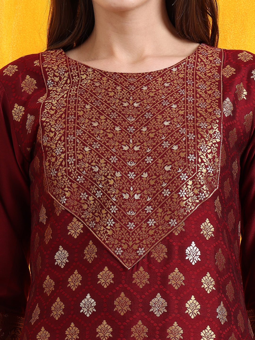 Banarasi Jacquard Kurta With Pant & Banarasi Jacquard Dupatta, Maroon - Hiral Fashion