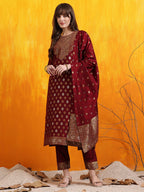 Banarasi Jacquard Kurta With Pant & Banarasi Jacquard Dupatta, Maroon - Hiral Fashion