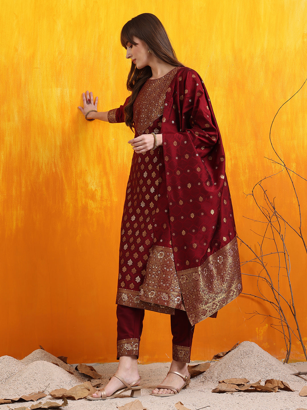 Banarasi Jacquard Kurta With Pant & Banarasi Jacquard Dupatta, Maroon - Hiral Fashion
