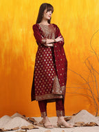 Banarasi Jacquard Kurta With Pant & Banarasi Jacquard Dupatta, Maroon - Hiral Fashion