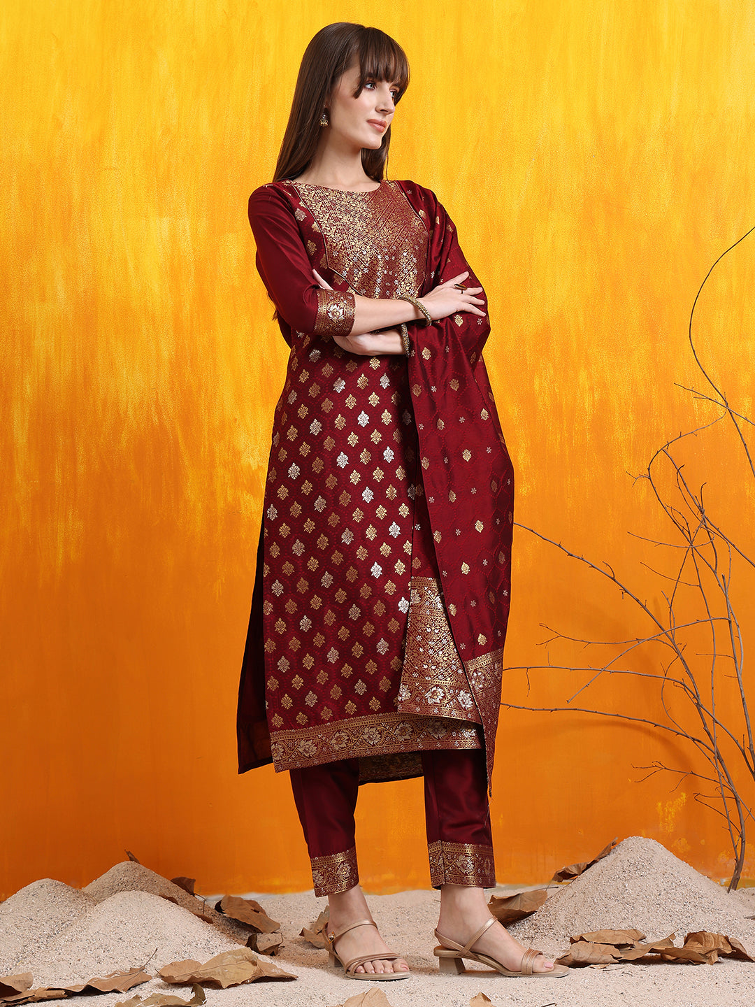 Banarasi Jacquard Kurta With Pant & Banarasi Jacquard Dupatta, Maroon - Hiral Fashion