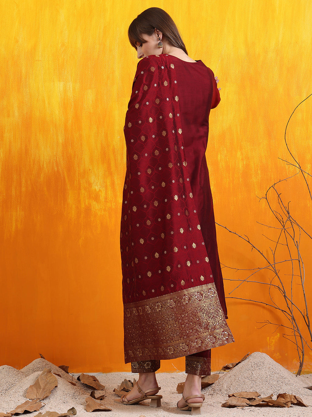 Banarasi Jacquard Kurta With Pant & Banarasi Jacquard Dupatta, Maroon - Hiral Fashion