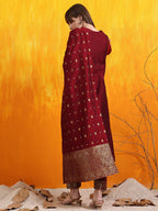 Banarasi Jacquard Kurta With Pant & Banarasi Jacquard Dupatta, Maroon - Hiral Fashion