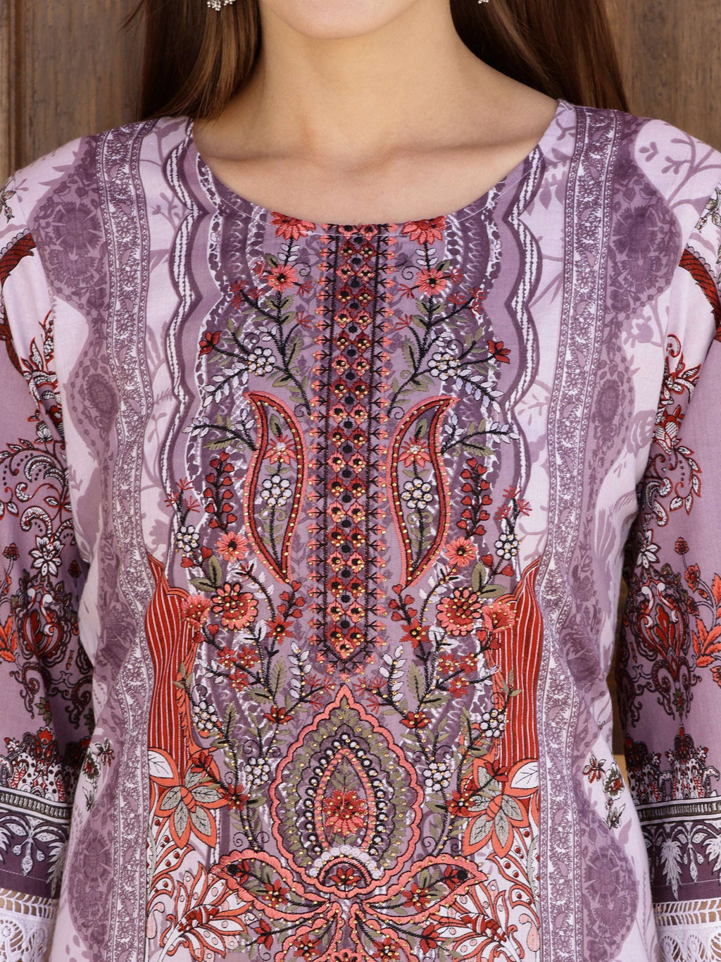 Pakistani Embroidered & Printed Kurta With Pant & Dupatta, Lavender - Hiral Fashion - Distacart