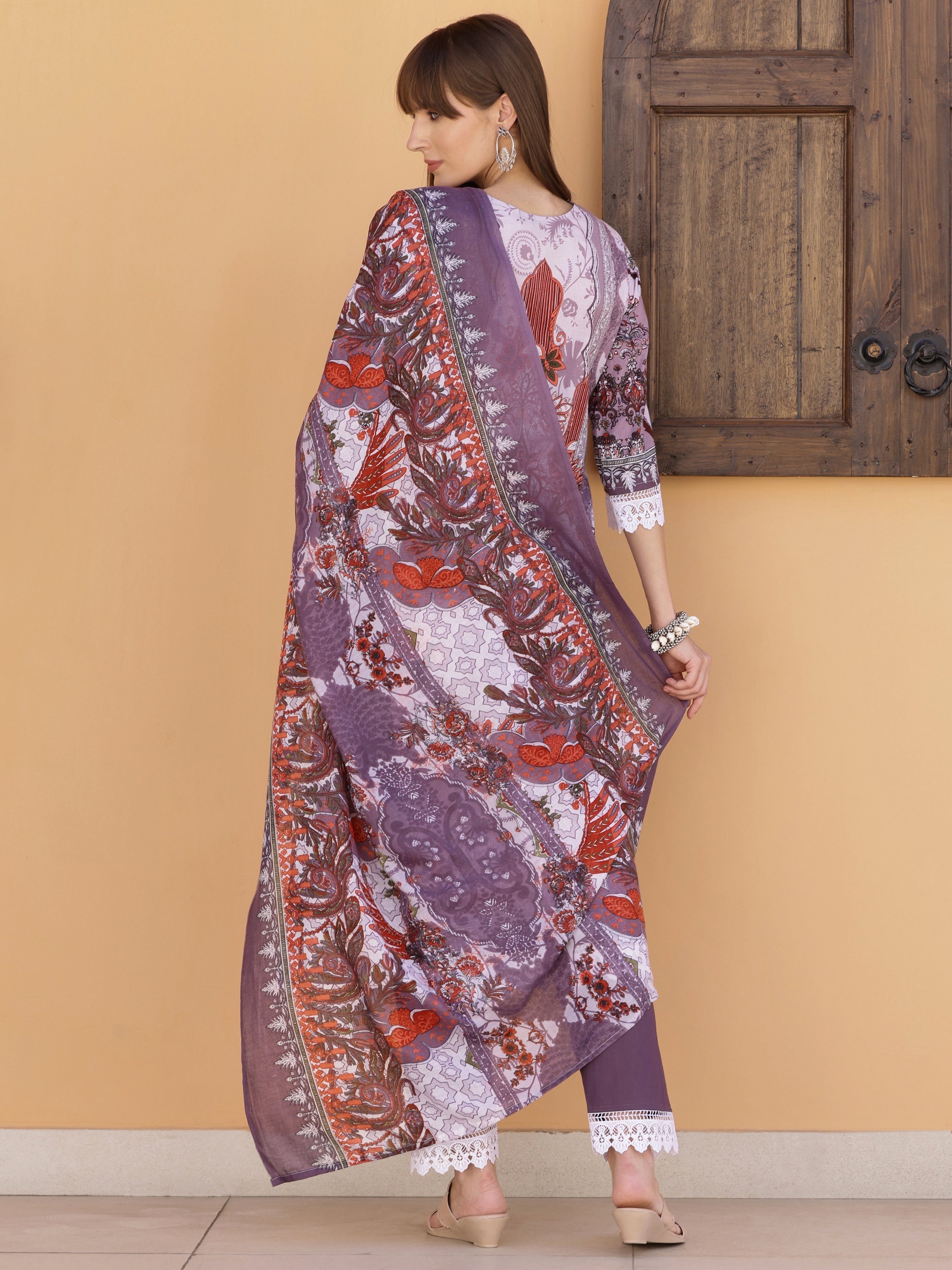 Pakistani Embroidered & Printed Kurta With Pant & Dupatta, Lavender - Hiral Fashion - Distacart
