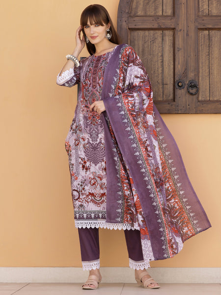 Pakistani Embroidered & Printed Kurta With Pant & Dupatta, Lavender - Hiral Fashion