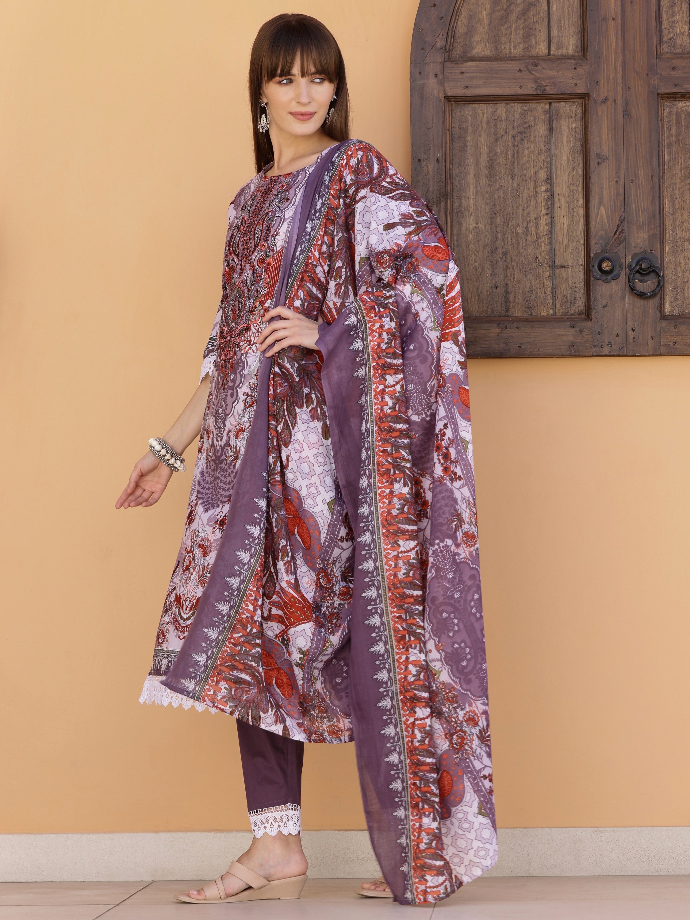 Pakistani Embroidered & Printed Kurta With Pant & Dupatta, Lavender - Hiral Fashion - Distacart