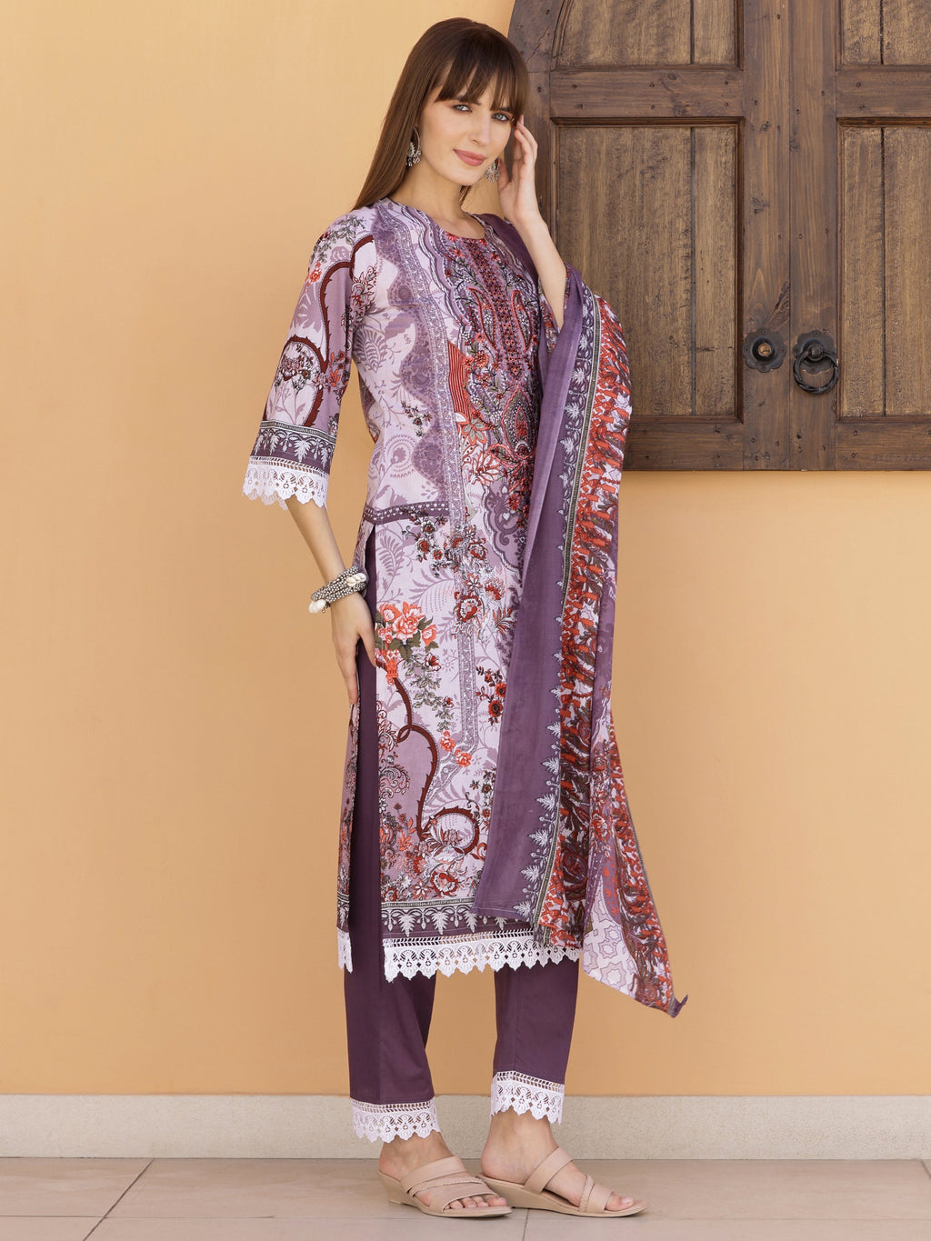 Pakistani Embroidered & Printed Kurta With Pant & Dupatta, Lavender - Hiral Fashion - Distacart