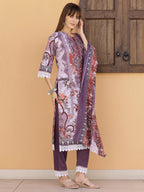 Pakistani Embroidered & Printed Kurta With Pant & Dupatta, Lavender - Hiral Fashion - Distacart