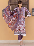 Pakistani Embroidered & Printed Kurta With Pant & Dupatta, Lavender - Hiral Fashion - Distacart