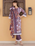 Pakistani Embroidered & Printed Kurta With Pant & Dupatta, Lavender - Hiral Fashion - Distacart