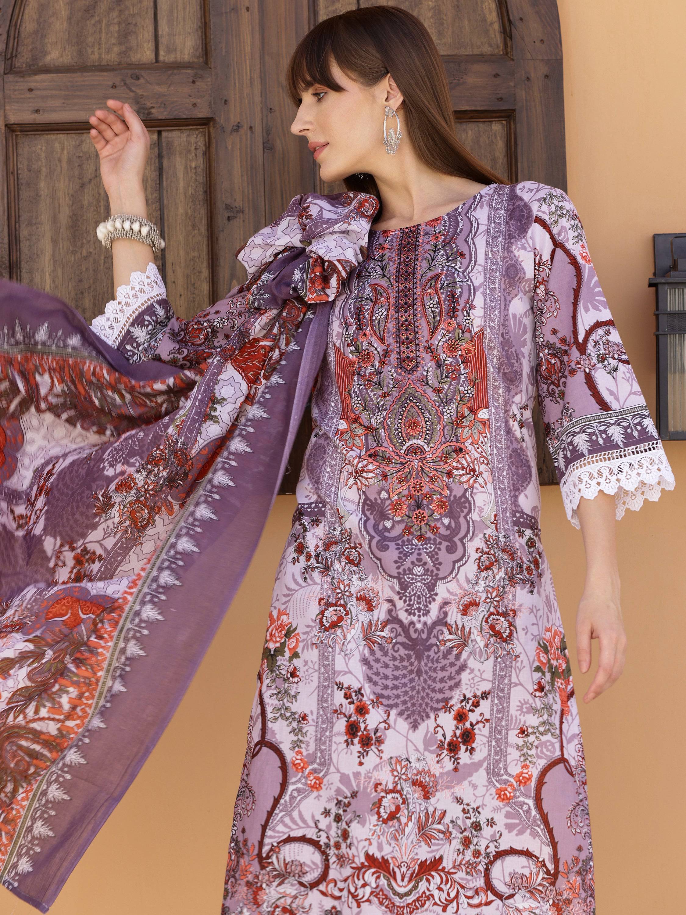 Pakistani Embroidered & Printed Kurta With Pant & Dupatta, Lavender - Hiral Fashion - Distacart
