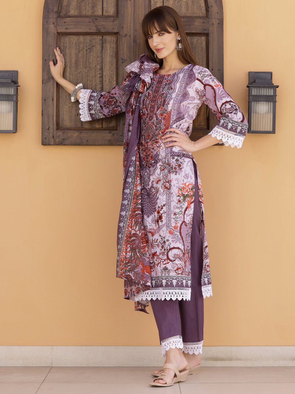 Pakistani Embroidered & Printed Kurta With Pant & Dupatta, Lavender - Hiral Fashion - Distacart
