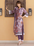 Pakistani Embroidered & Printed Kurta With Pant & Dupatta, Lavender - Hiral Fashion - Distacart